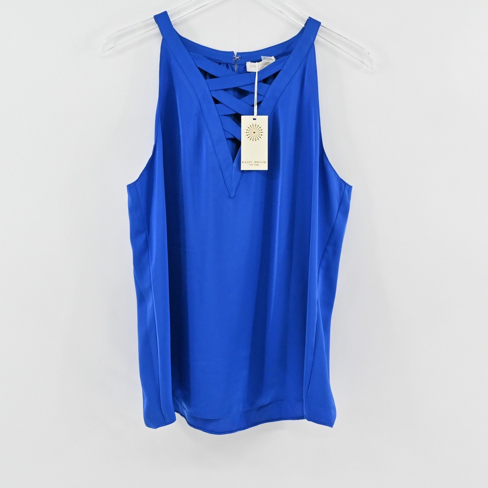 Ramy Brook Cage Neck Top Womens Size L Blue Sleeveless Blouse Sophisticated Chic